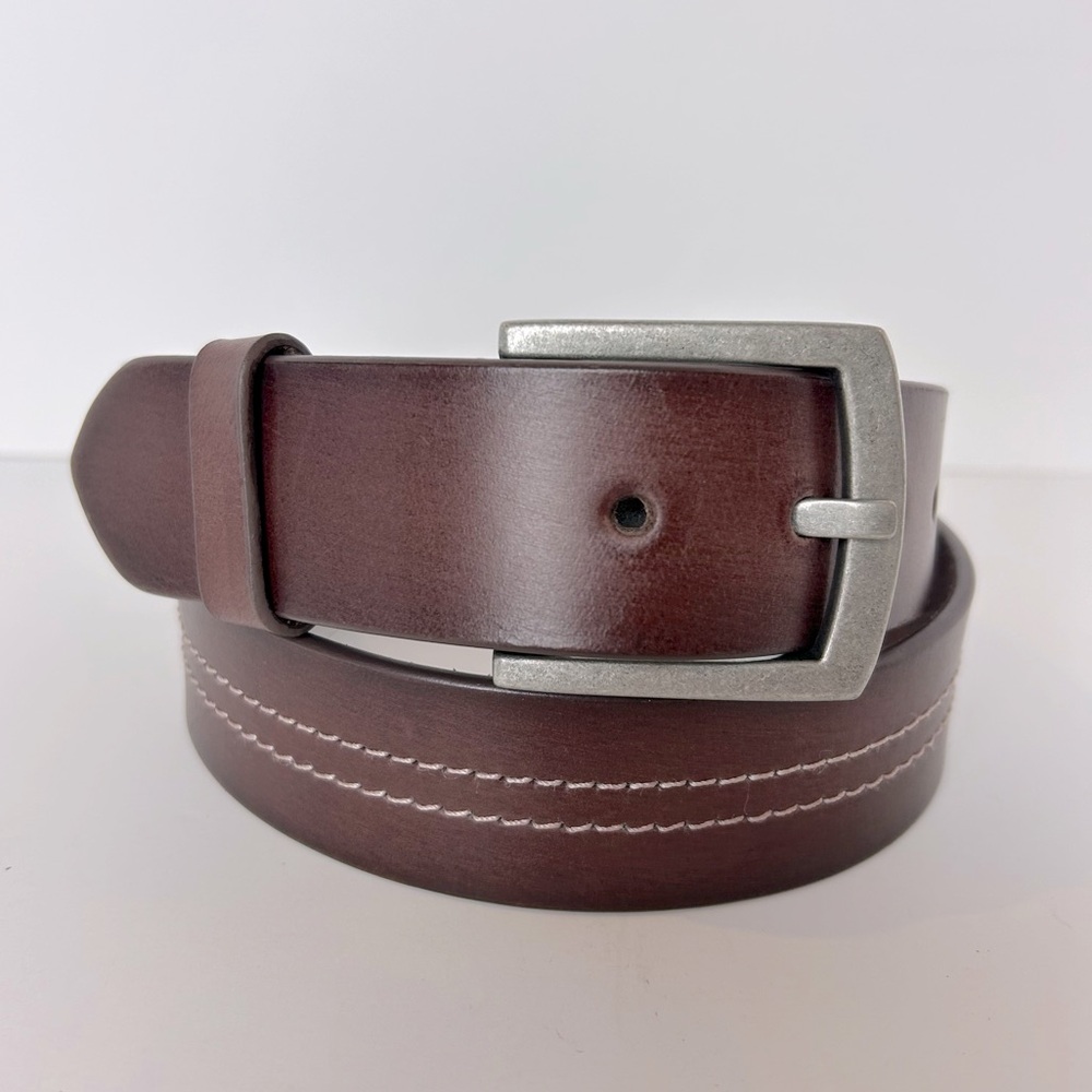 Transit Leather Belt Size 38 Brown White Stitch Silver Tone Buckle Leather Jean